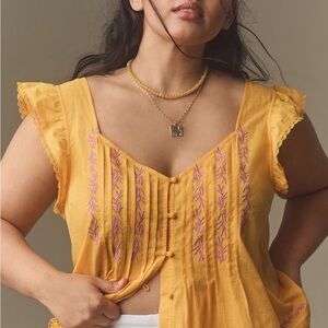 Anthropologie Mango Flutter Sleeve Blouse with Pleated Ruffles